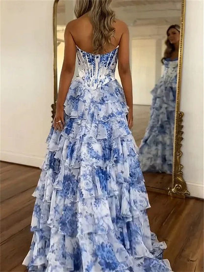 A-Line Floor Length Prom Dresses Elegant Floral Princess Sleeveless Strapless Prom Evening Party Chiffon With Floral Print N1861