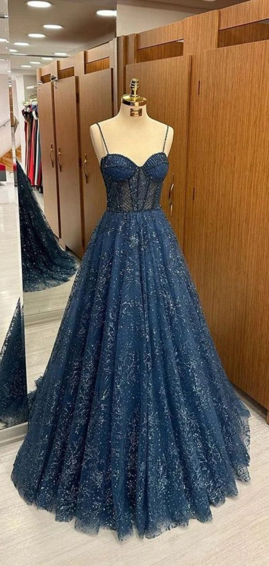 Elegant Spaghetti Strap Sleeveless A-line Tulle Long Prom Dresses Online Prom Gown AB912