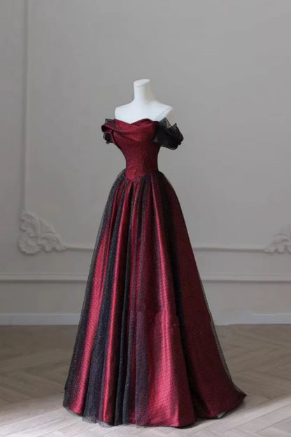 Robe de bal longue en tulle noir et rouge, coupe trapèze, épaules dénudées, robe de soirée de mariage, robe d'anniversaire AB916