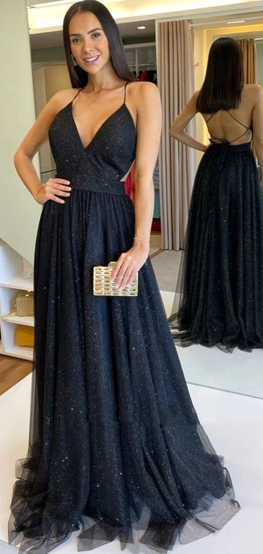 Sexy A line Backless Deep V neck Long Evening Prom Dresses AB914