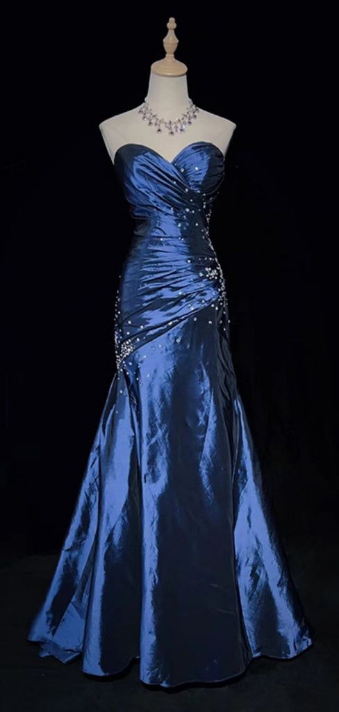 Sexy Sweetheart Sleeveless Mermaid Satin Long Navy Blue Prom Dresses For Party Gown AB327