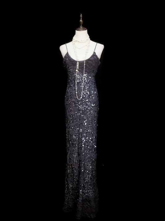 Robe de soirée sirène vintage à fines bretelles, style années 80, 70, 90, sequins gris argenté, longue, idéale pour les bals de fin d'année ou les remises de diplômes (N1145)