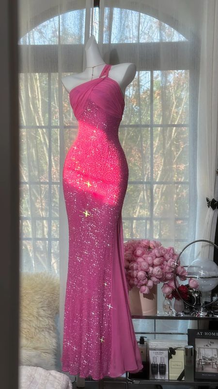 Sparkly Mermaid One Shoulder Hot Pink Sequin Long Formal Dress Gown Party Gowns Prom Dresses N2395