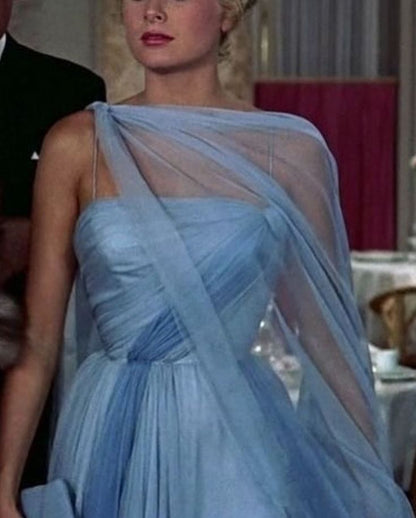 Robe de bal longue en mousseline plissée bleue, asymétrique, style sirène, sans manches, robe de bal inspirée RB1333
