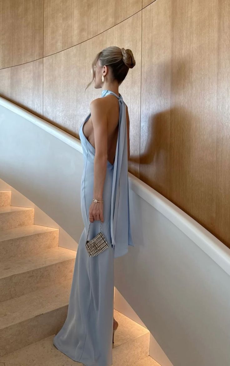 Robe de soirée sirène sexy bleue dos nu à col montant, longue, pour l'été, la plage, tenue de soirée noire, robe d'invitée de mariage N1409