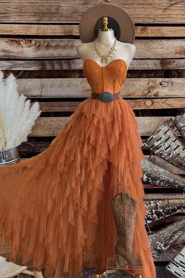 High-Low-Abendkleid für Damen, stauborangefarbener Tüll, langes formelles Ballkleid, AB1721