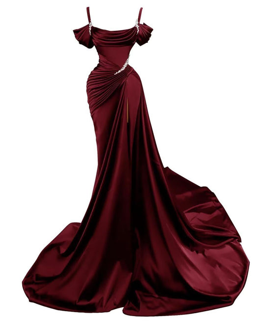 Satin Mermaid Prom Dress Long Spaghetti Straps Beaded Sparkly Wedding Dresses Split Ball Gowns for Women AB1614