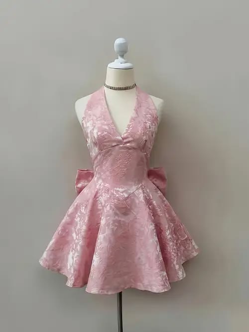 Cute Ball Gown Halter Pink Lace Homecoming Dresses Short Cocktail Dress Birthday Outfits RB4180