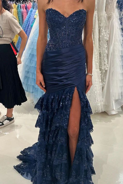 Robe de bal sirène bustier à sequins et applications de dentelle 2026, robe de soirée formelle AB504