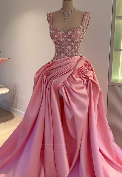 Robe de bal/soirée trapèze à bretelles carrées, ornée de fleurs et de perles, froncée, AB505