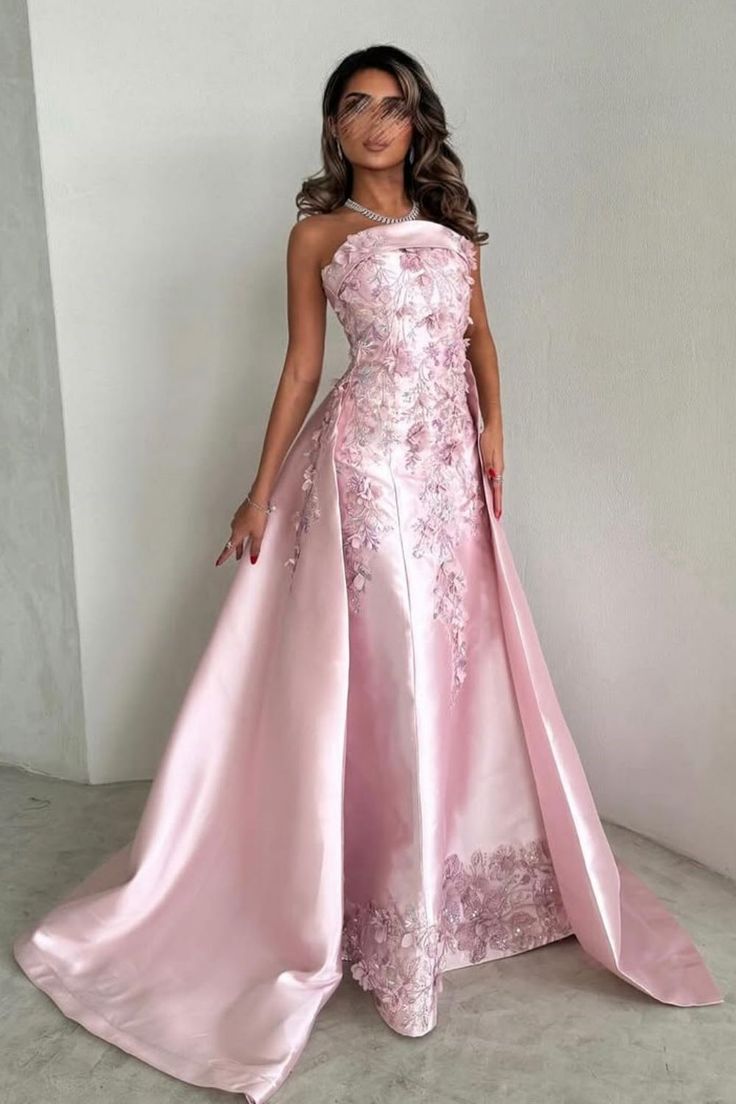 Robe de soirée élégante rose pour femme, coupe trapèze, sans bretelles, en satin, ornée d'appliques et d'une traîne amovible (AB498)