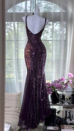 Robe de bal longue élégante et luxueuse, ornée de perles violettes, style sirène, modèle AB492