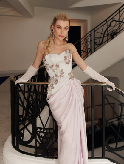 Wunderschönes, langes Paillettenkleid im Meerjungfrauen-Stil in Rosa mit herzförmigem Ausschnitt und Handschuhen – Inspiration für formelle Abendgarderobe N247