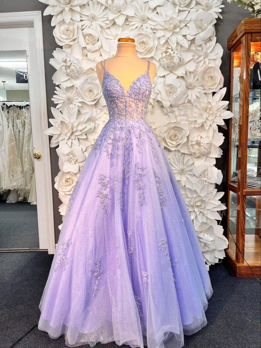 Robe de bal modeste à fines bretelles en dentelle lilas, longue, pour adolescentes, tenue de soirée, robe de bal AB1073