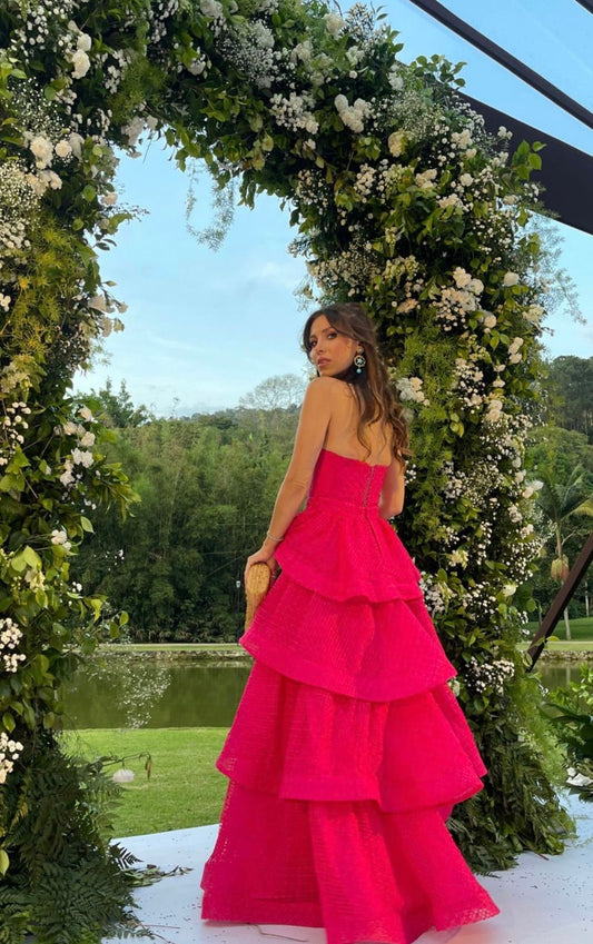 Attractive Ball Gown Sweetheart Basque Waist Corset Ruffle Hot Pink Long Formal Party Prom Dresses AB378