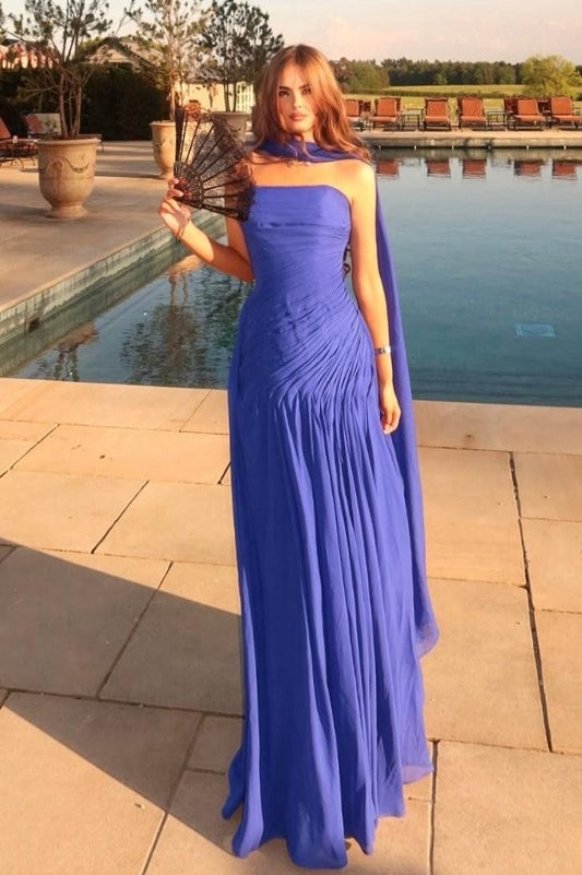 Elegant Prom Dresses Chiffon Pleat Ruched Ruffle Strapless Royal Blue Formal Evening Dress Floor-length Party Gowns AB407