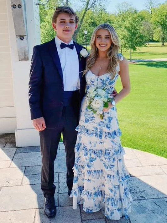 Attraktives, sexy A-Linien-Abendkleid mit langen Spaghettiträgern, blauem Blumenmuster, AB376