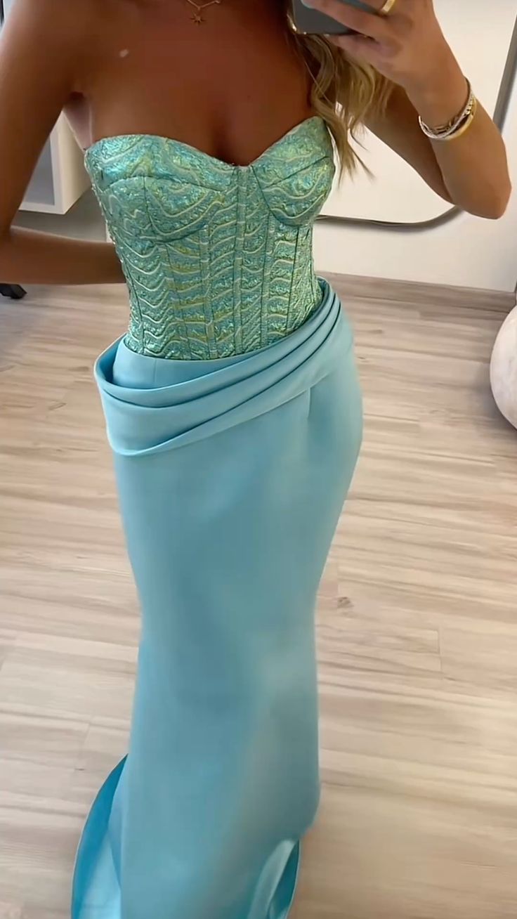 Modest Mermaid Strapless Blue Satin Floor Length Senior Prom Dresses Long Formal Party Gowns AB404