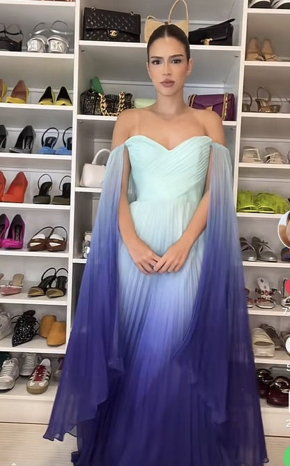 Robe de bal longue de soirée formelle, coupe trapèze, épaules dénudées, en mousseline multicolore ombrée verte et bleue, AB388