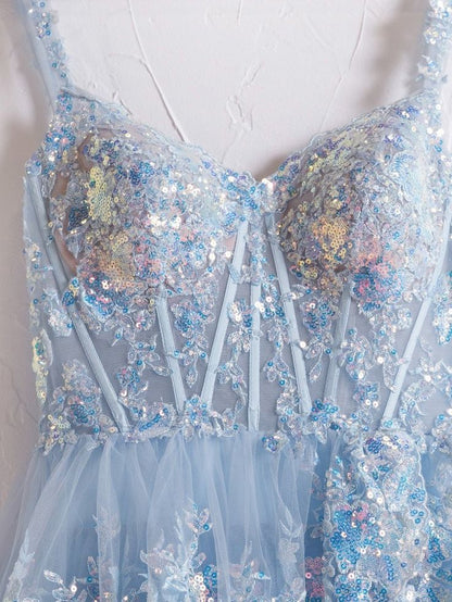 Light Blue Off The Shoulder Tulle Sequin Ruffle Tiered Long Gown with Slit Vestidos De Dia AB524