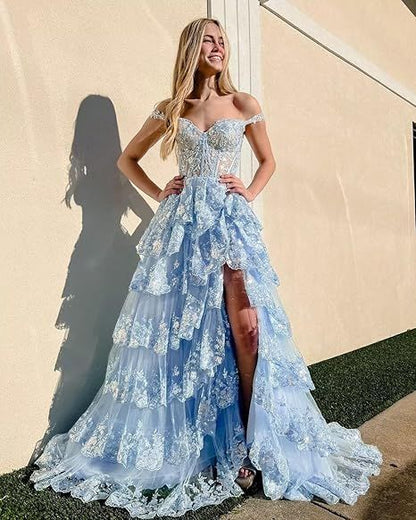 Robe de bal longue en dentelle bleu marine à épaules dénudées et fente, Vestidos De Dia AB530