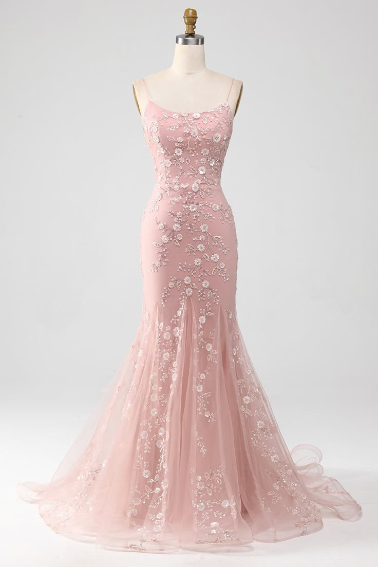 Robe de bal longue sirène rose poudré à fines bretelles et perles scintillantes (Vestidos De Dia AB526)