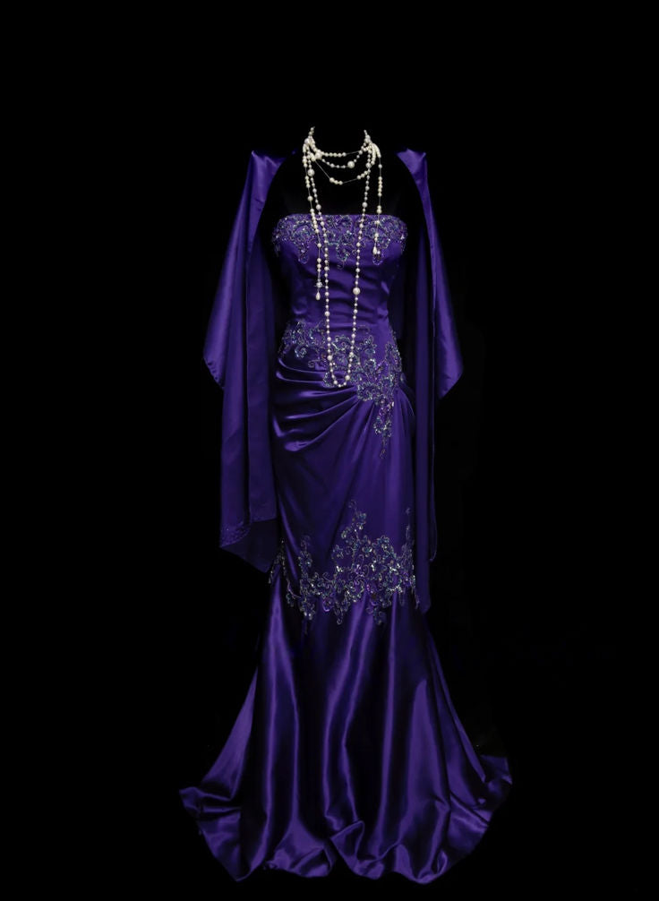 Vintage Strapless Purple Satin Prom Dress Applique Formal Party Dress AB320