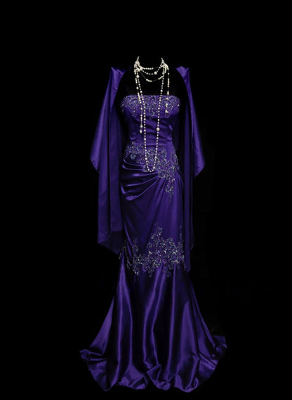 Vintage Strapless Purple Satin Prom Dress Applique Formal Party Dress AB320