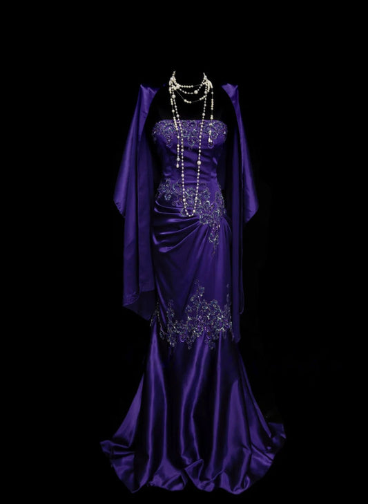 Vintage Strapless Purple Satin Prom Dress Applique Formal Party Dress AB320