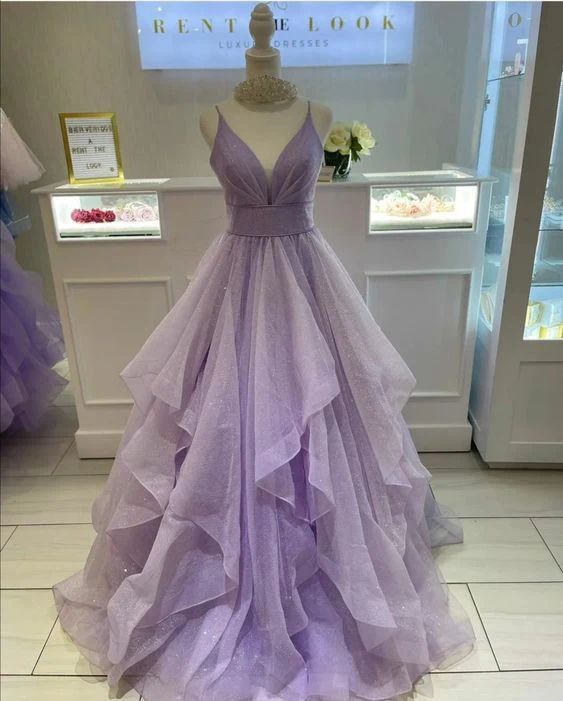 Elegantes, langes Ballkleid aus lila Tüll mit Spaghettiträgern für Teenager – formelles Abendkleid, Partykleid, Abiballkleid AB1074