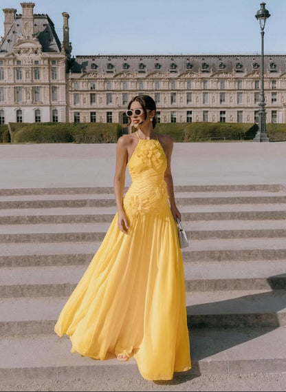 Robe de bal jaune élégante, coupe trapèze, dos nu, en mousseline plissée à volants, robe de soirée formelle AB416