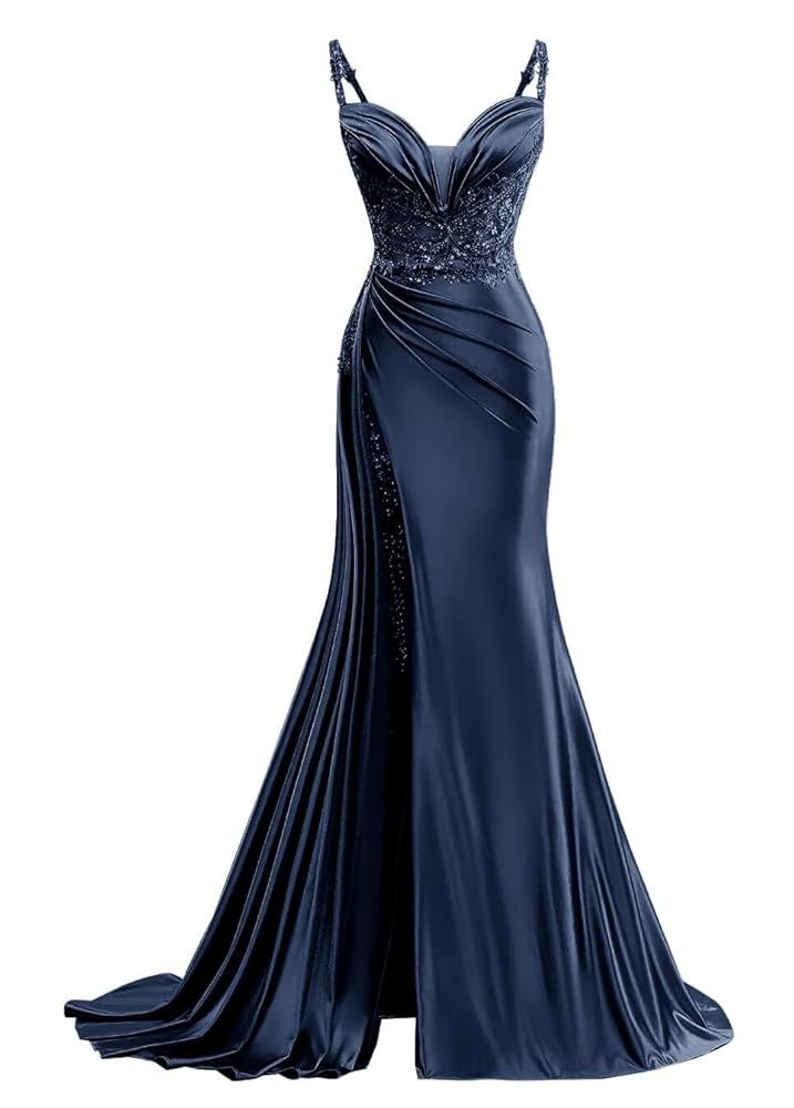 Elegantes Meerjungfrauen-Abendkleid mit Spaghettiträgern, marineblau, mit Spitzenschlitz, langen Faltenrüschen und Schlitz (Vestidos De Dia AB557)