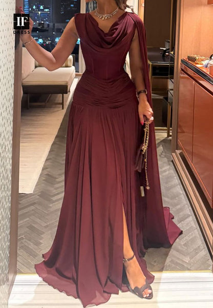 Neckholderärmellos Off-Shoulder Chiffon Bodenlang Plissiert A-Linien-Abschlussballkleid N2354