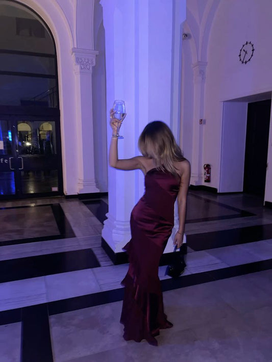 Elegant Mermaid Halter Burgundy Deep Red Satin Long Prom Dresses Formal Party Gowns Vestidos De Dia AB572