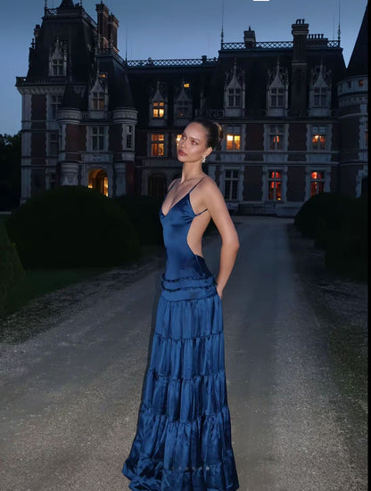 Robe d'été longue, coupe trapèze, bretelles spaghetti, bleu marine, satin soyeux, longue, idéale pour la plage, les soirées d'anniversaire ou les mariages de printemps (N1408)
