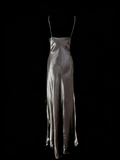 Robe fourreau grise à fines bretelles, style vintage années 80, 70 et 90, idéale pour une soirée étudiante ou un bal de fin d'année (N1153)