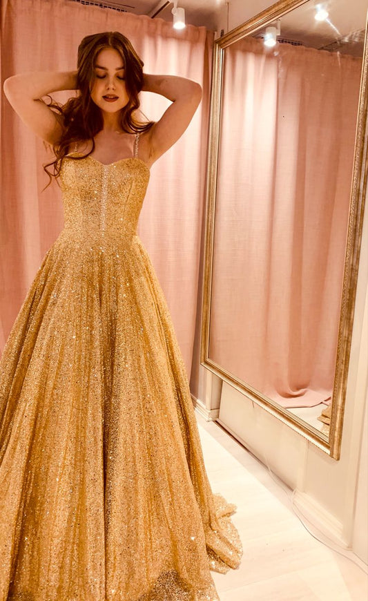 Sparkly Ball Gown Prom Dresses For Women Spaghetti Straps Gold Sequin Party Gown Birthday Gowns N1663