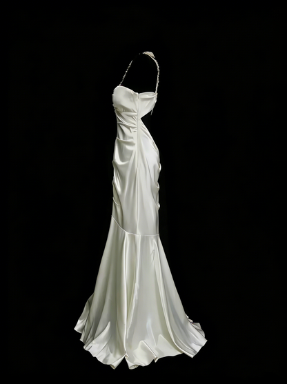 Vintage Mermaid One Shoulder White Backless Summer Formal For Women Girls Teens Prom Dresses N2236