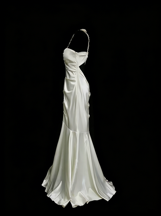 Vintage Mermaid One Shoulder White Backless Summer Formal For Women Girls Teens Prom Dresses N2236