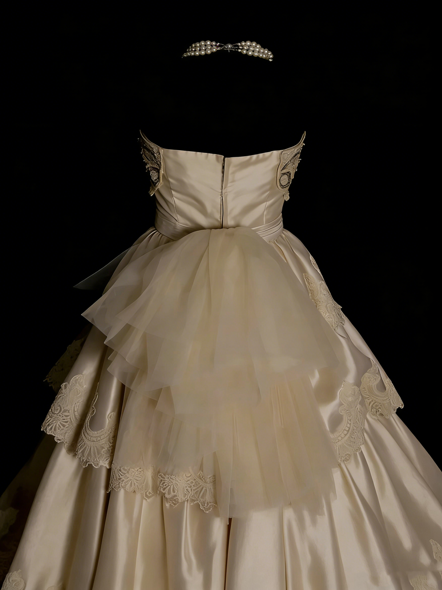 Robe de bal vintage années 70, bustier, couleur champagne, ornée d'appliqués en dentelle, robe de mariée féerique N1318