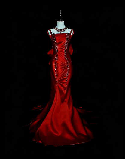 Robe de bal longue rouge vintage sirène à fines bretelles et perles, sans manches, style années 80, référence N1476