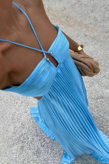 Robe d'été longue en mousseline bleue dos nu, coupe trapèze, style modeste, en mousseline, idéale pour la plage, les soirées d'anniversaire ou les mariages de printemps (N1398).