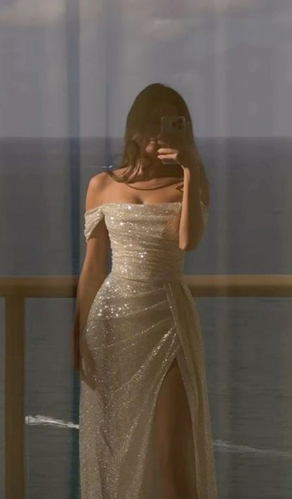 Robe de bal longue sirène beige à épaules dénudées et sequins, élégante robe de soirée fendue AB651