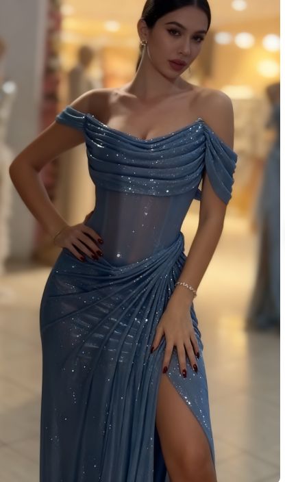 Funkelndes Meerjungfrauen-Abendkleid mit schulterfreiem Ausschnitt, blauen Pailletten und langem Schlitz, festliche Abendkleider, Ballkleider AB653