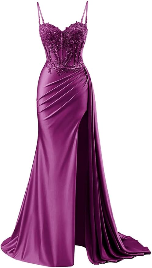 Robe de bal sirène modeste à bretelles spaghetti bordeaux fendue en dentelle, robe longue de soirée, tenue d'anniversaire, robe de remise de diplôme pour adolescentes RB1168