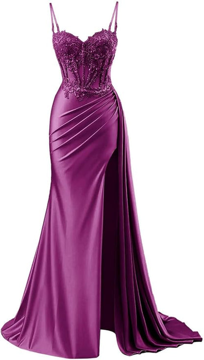 Robe de bal sirène modeste à bretelles spaghetti bordeaux fendue en dentelle, robe longue de soirée, tenue d'anniversaire, robe de remise de diplôme pour adolescentes RB1168