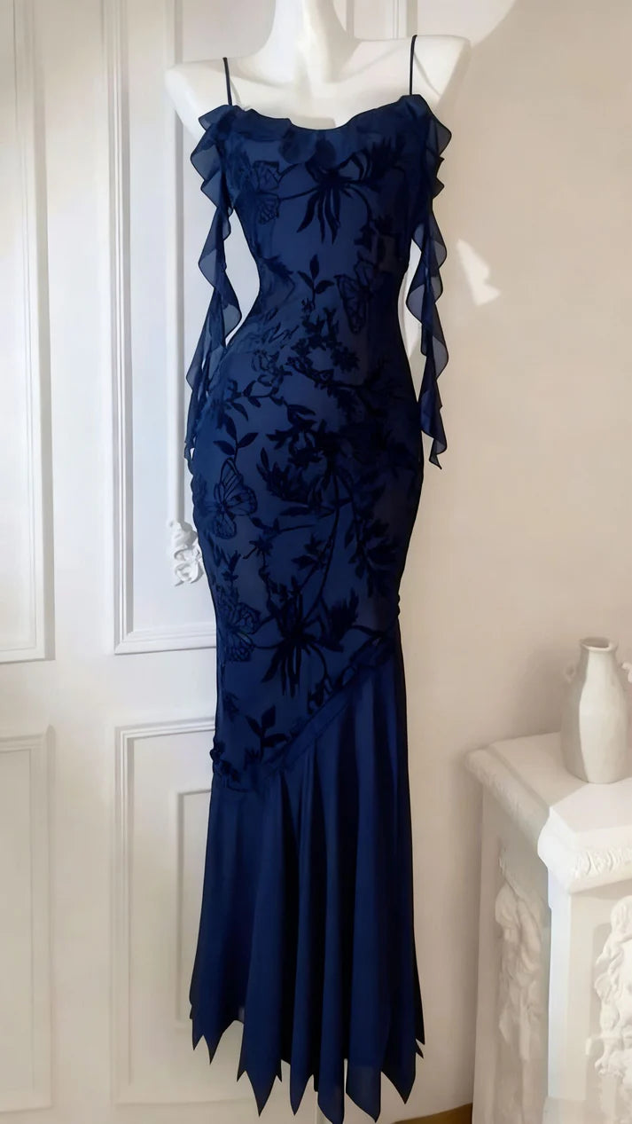 Robe de bal sirène vintage à bretelles spaghetti en dentelle noire, tenue de soirée pour 18e anniversaire, RA076