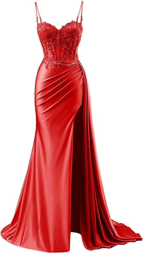 Robe de bal sirène modeste à bretelles spaghetti bordeaux fendue en dentelle, robe longue de soirée, tenue d'anniversaire, robe de remise de diplôme pour adolescentes RB1168