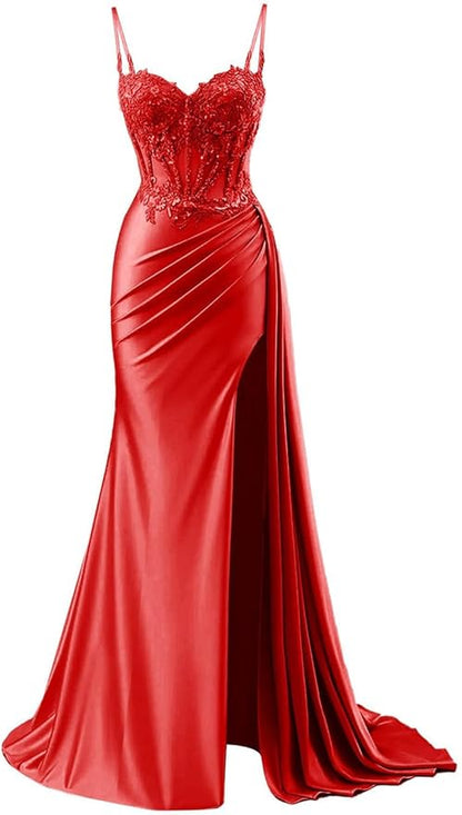 Robe de bal sirène modeste à bretelles spaghetti bordeaux fendue en dentelle, robe longue de soirée, tenue d'anniversaire, robe de remise de diplôme pour adolescentes RB1168
