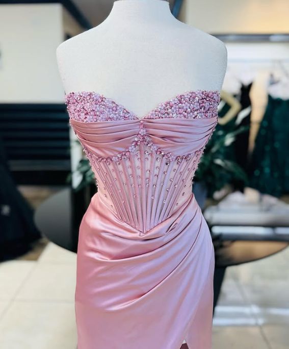 Robe de bal sirène rose à décolleté cœur et fente, inspiration pour adolescentes, tenue de soirée, robe de bal AB064